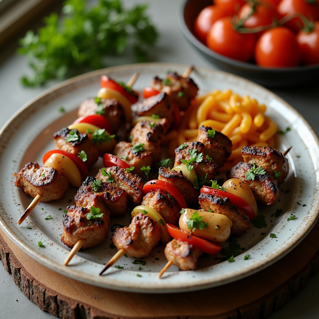 BIG cookout — Greek lamb + chicken souvlaki skewers + grilled pita + village salad for 10 adults + 5 kids, spans Mon party + Tue/Wed family leftovers